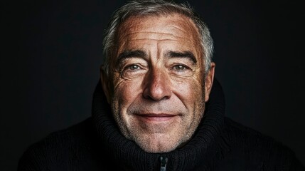 Fototapeta premium Close-up portrait of a mature man with a warm smile, showcasing deep facial features and character against a dark background