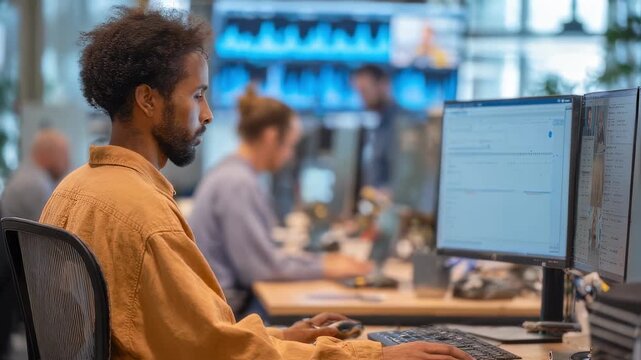 Medium shot showing a verification analyst attentively reviewing carbonoffset project data during a virtual team call with softly blurred participants and ecograph visuals behind