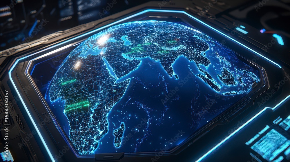 Poster futuristic 3d digital globe displaying illuminated geography and city structures across asia and afr