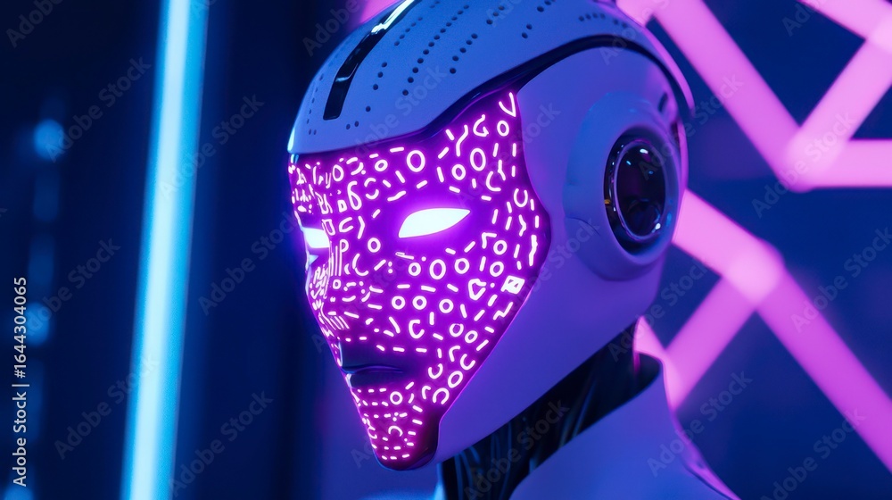 Poster futuristic humanoid robot with glowing digital face displaying intricate patterns against a neon-lit