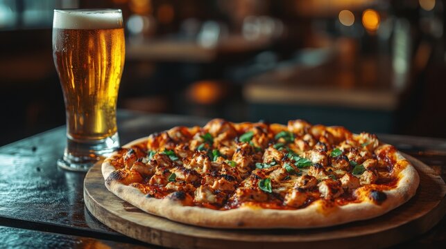 Freshly baked pizza served with a cold beer in a cozy pub atmosphere