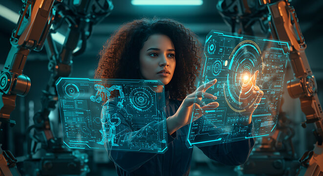 A woman interacts with a futuristic digital interface surrounded by robotic arms, representing technological innovation and the future of automation in industry