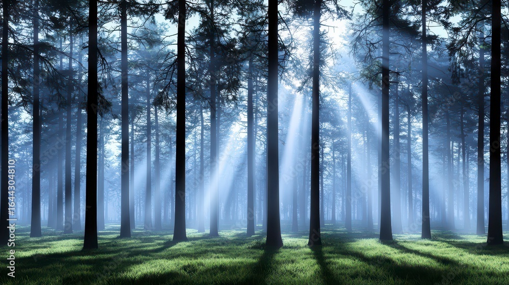 Poster a serene forest bathed in soft sunlight filtering through tall trees, creating an enchanting atmosph
