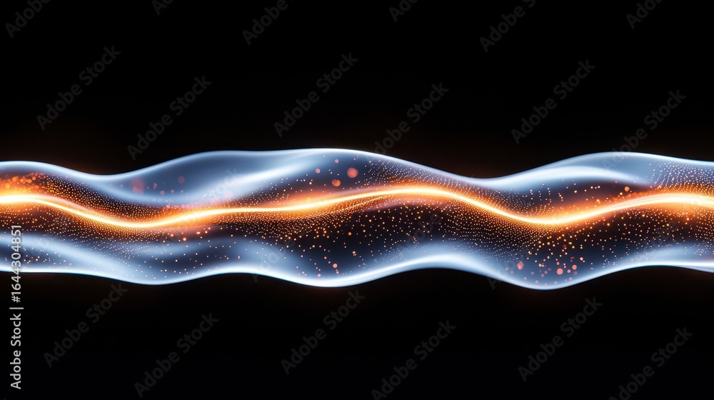Poster an abstract representation of flowing light waves intertwined with bright particles on a dark backgr