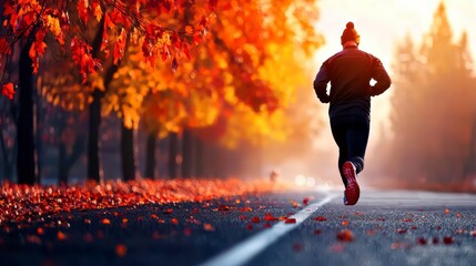 A solitary runner enjoys a golden autumn morning jog down a tree-lined road surrounded by vibrant fall foliage