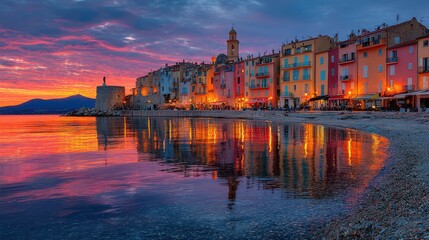 Colorful houses reflecting in the Mediterranean Sea at sunset in Villefranche-sur-Mer, France