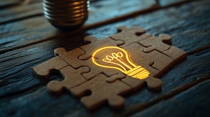 Illuminated lightbulb graphic on a jigsaw puzzle piece, atop a wooden surface.  A vintage-style lightbulb is visible in the background
