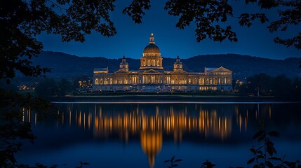 Obraz premium Illuminated government building reflected in calm water at twilight, framed by trees