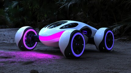 Futuristic autonomous vehicle designed for exploration featuring glowing accents and sleek aerodynamic shape in a lush environment
