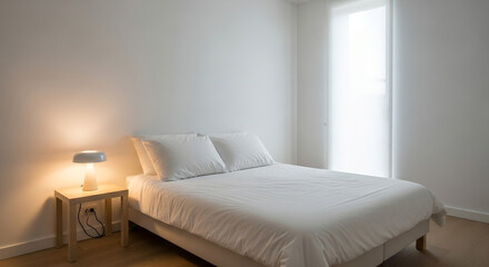 Serene bedroom retreat with crisp white linens and warm bedside lamp glow