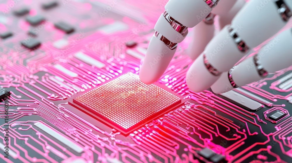 Poster futuristic robotic hand interacting with a glowing microchip on a high-tech circuit board, showcasin