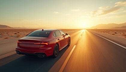 modern sedan seen from the back, driving on an empty desert highway at golden hour
