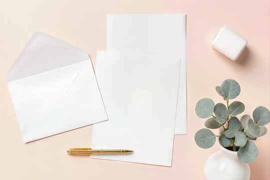 Top view photo of paper sheet craft paper envelope gold pen and white ceramic vase with eucalyptus on pastel background with blank space