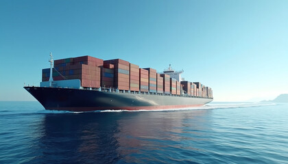 A massive cargo container ship sailing through calm blue ocean waters under a clear sky