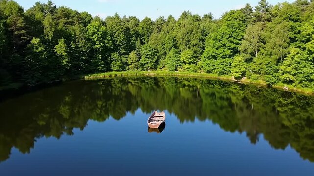 Aerial drone view of a solitary wooden boat on a tranquil lake, surrounded by a lush green forest with perfect reflections.