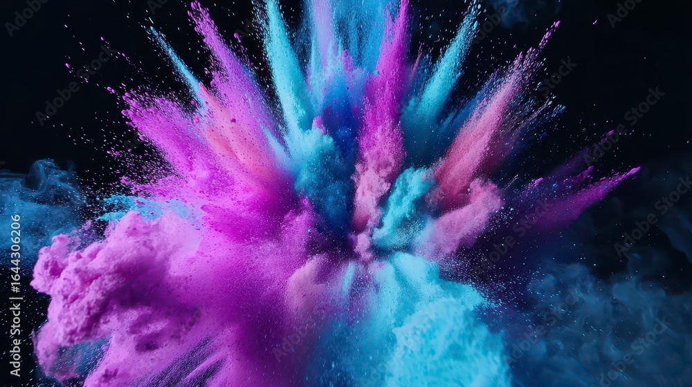 Poster vibrant explosion of colored powder creating a dramatic visual display against a dark background in 