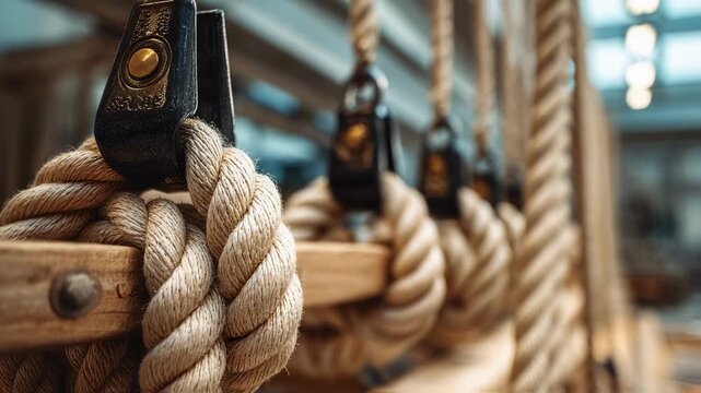 Detail shot of ropes and pulleys being attached to a boats mast rigging capturing the complexity and precision required in outfitting sailboats in a fabrication environment.