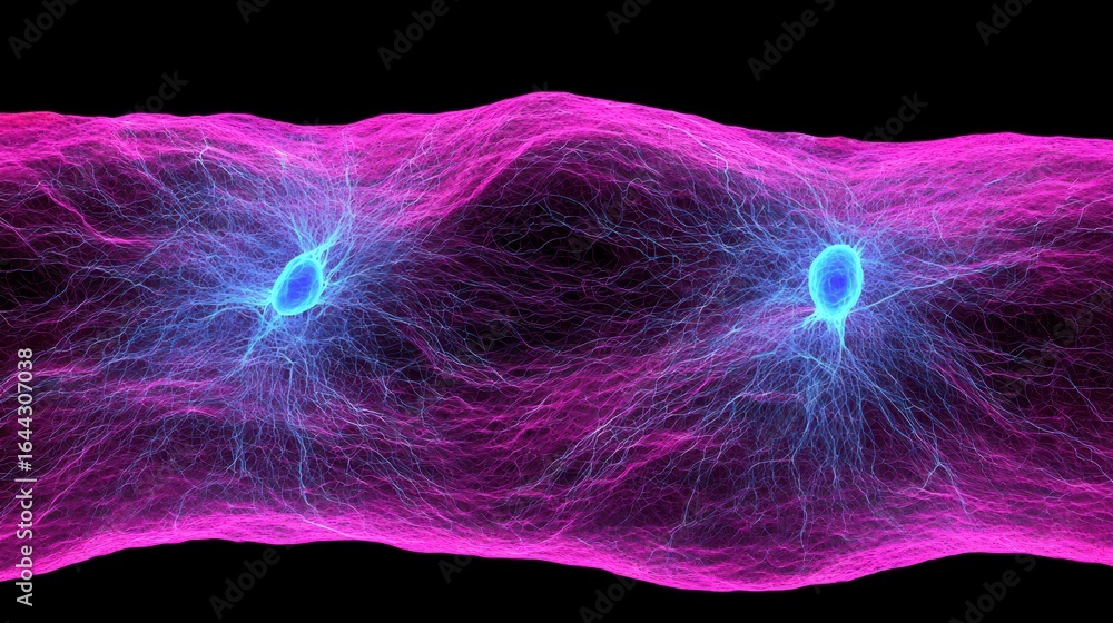 Poster illustrative digital rendering of interconnected neuro-synaptic pathways showcasing vibrant cellular