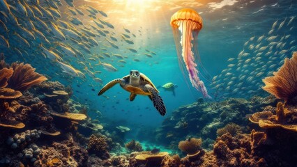 Underwater coral reef scene with sea turtle