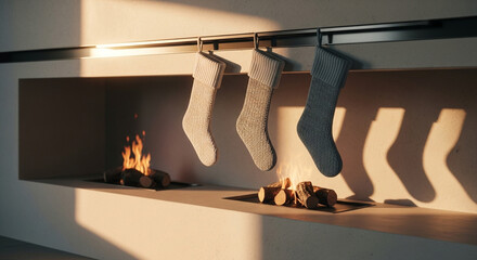 Cozy Christmas stockings hang by a warm fireplace, bathed in soft golden light, creating a festive holiday atmosphere.