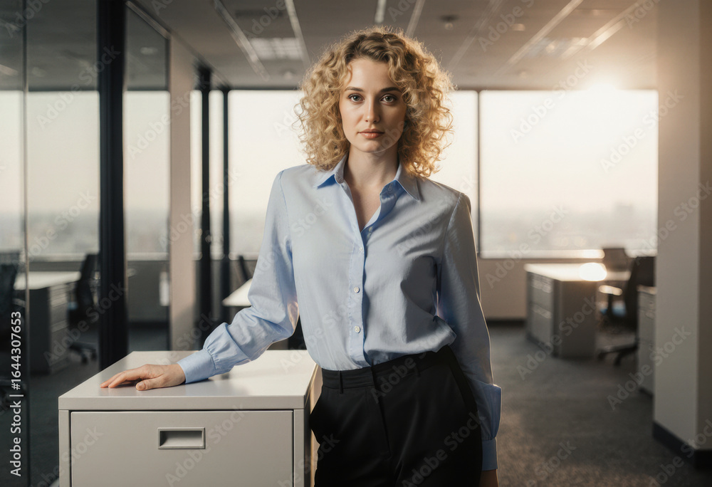 Poster office administrator organizing empty filing cabinets in a corporate setting