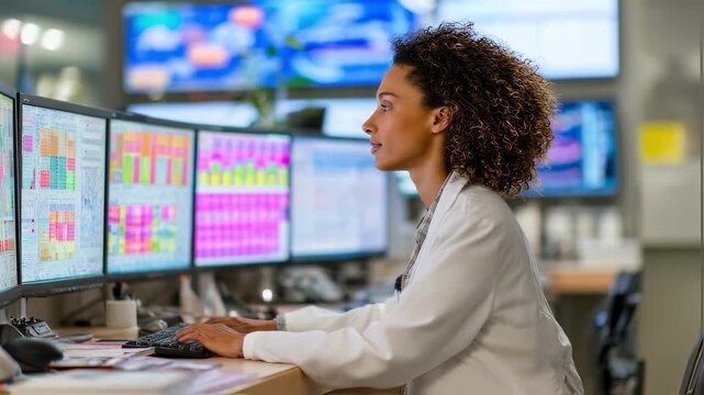 Doctor in white coat consulting a patients hormone panel readings on computer screens carefully planning followup therapy in a wellequipped medical office.