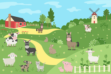 Farm animals with spring landscape. Cow, horse, donkey, sheep, goat, pig, dogs and cat. Vector illustration in flat style.