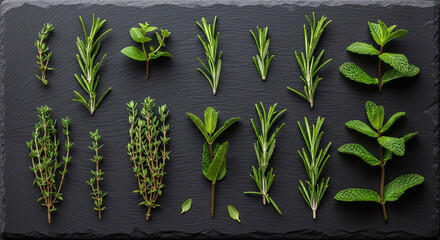 Fresh culinary herbs like rosemary, thyme, and mint artfully arranged on a dark slate surface