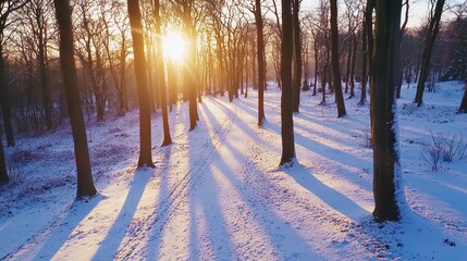 A serene winter sunrise illuminating a snow-covered forest path surrounded by tall trees casting long shadows