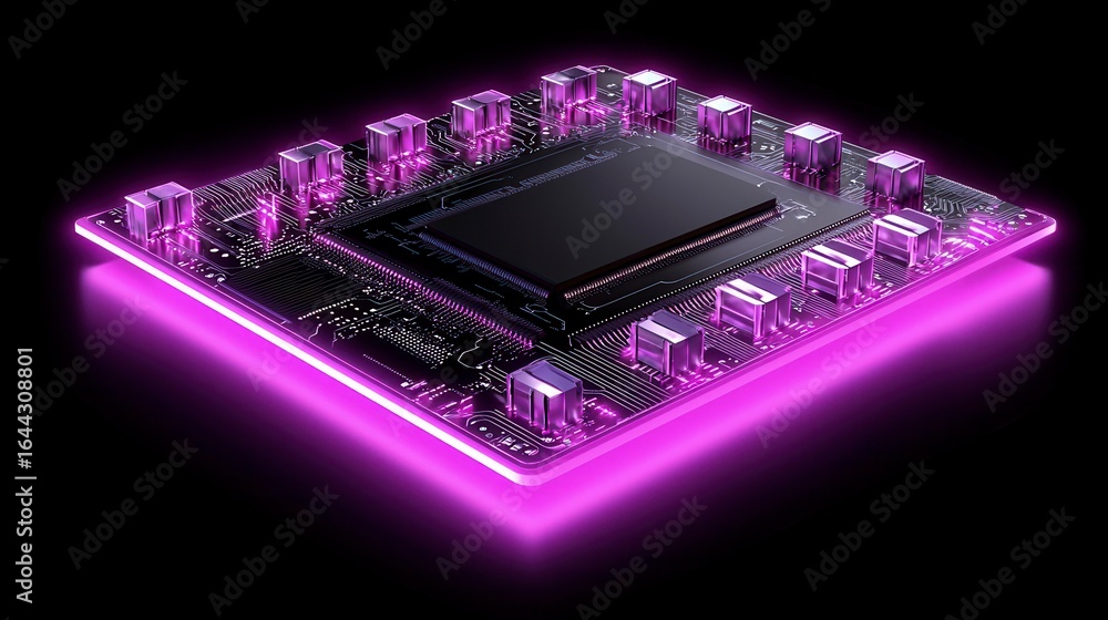 Poster an elegantly illuminated microchip featuring a high-tech design with fluorescent pink accents and in