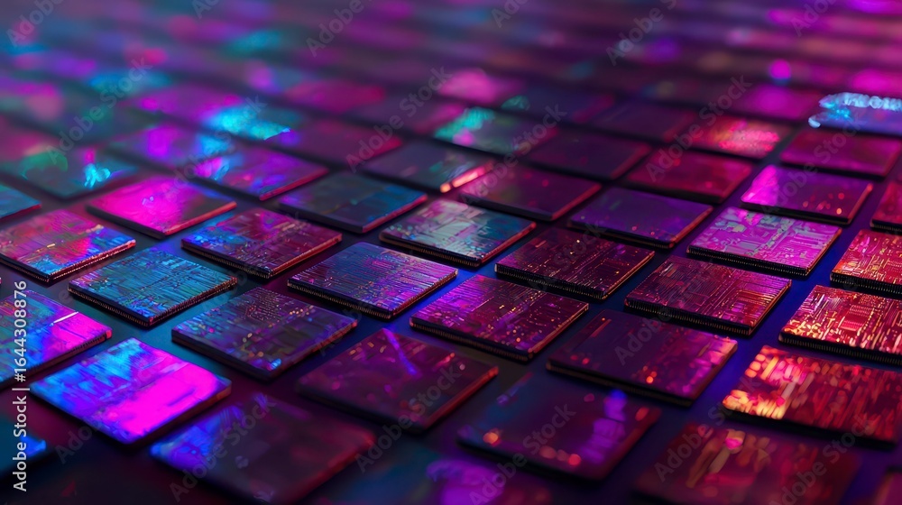 Poster abstract technology background featuring illuminated semiconductor wafers arranged in a colorful pat