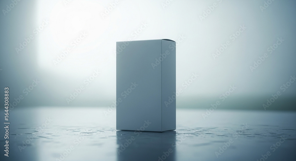 Poster minimalist grey product box stands alone on wet reflective surface with soft diffused light