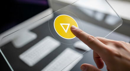 Futuristic interface interaction, finger presses play button on transparent screen technology