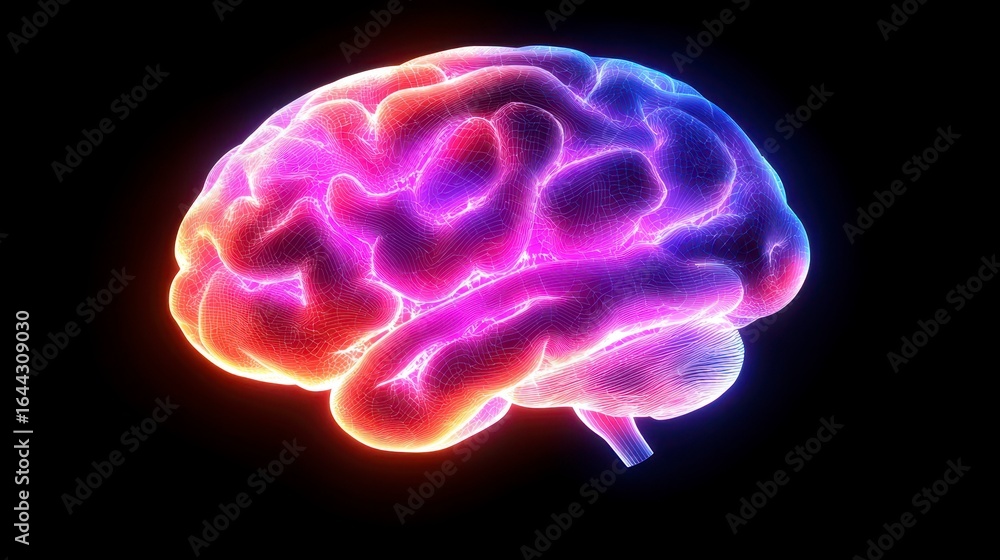 Poster illuminated brain visualization showcasing intricate neural connections and vibrant colors in a dark