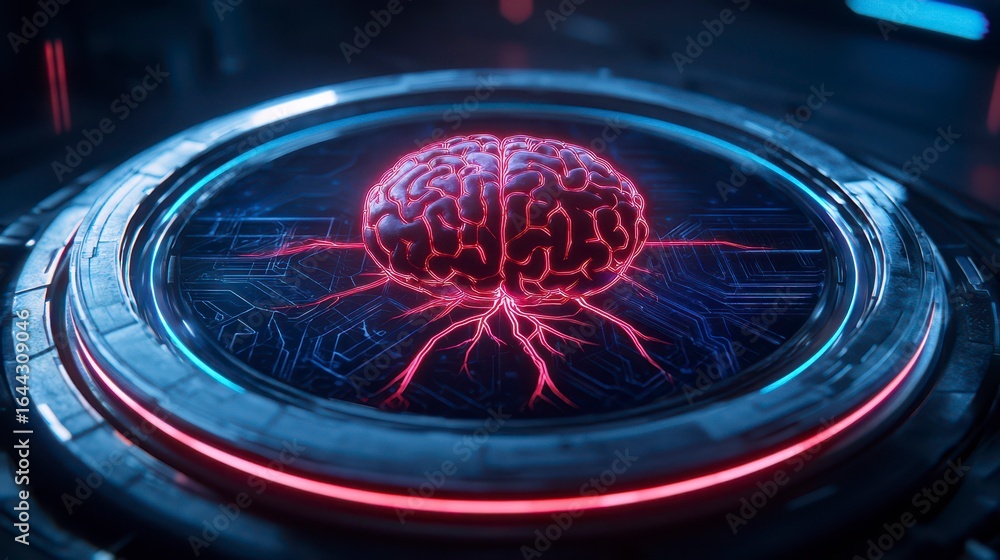 Poster futuristic digital brain visualization with neon circuitry and glowing connections on a technologica