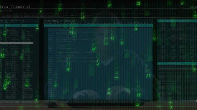 Hooded man typing on keys launching terminal boosting green overlay while monitoring security logs