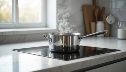 A pot on a stove with steam rising from the cooking liquid, perfect for images of food preparation or kitchen scenes