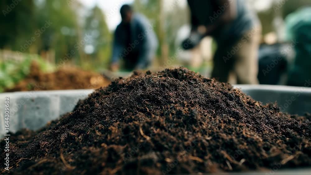 Poster medium shot capturing freshly sifted rich soil in a container clear focus on soil texture while blur