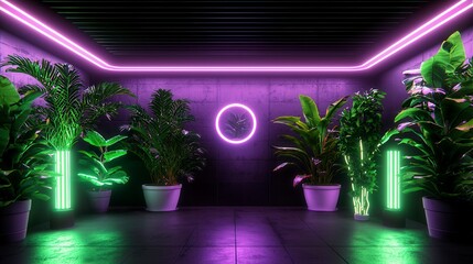 A vibrant indoor garden space illuminated by neon lighting and lush greenery, offering a serene and modern aesthetic