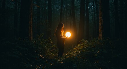 Enchanting Forest Encounter: A figure stands in a twilight forest, cradling a glowing orb that illuminates the surrounding foliage. The scene blends mystery and beauty.