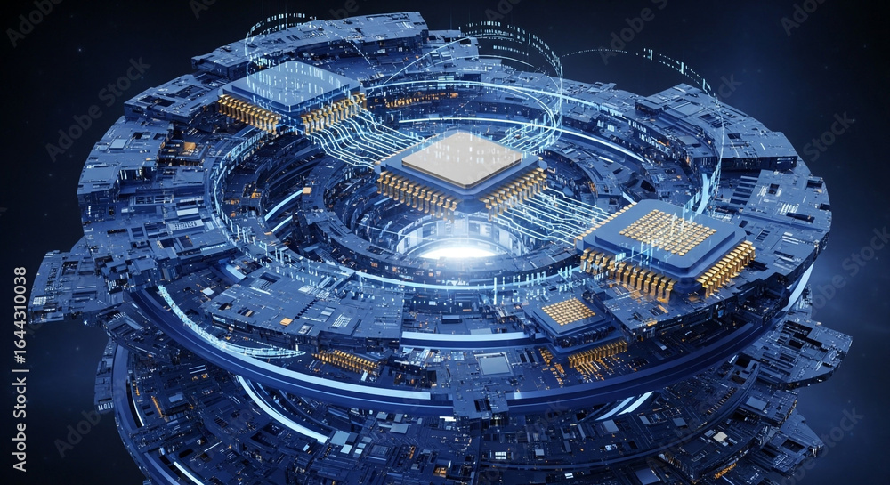 Poster advanced futuristic digital circuit board with glowing processors and data streams, symbolizing inno