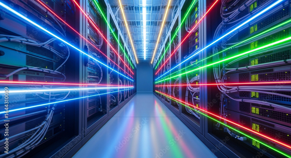 Poster dynamic data center corridor with vibrant neon light streams creating a futuristic network flow