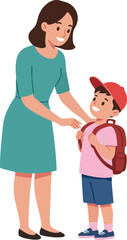 Mother and son with backpack preparing for school routine in casual clothing vector illustration 