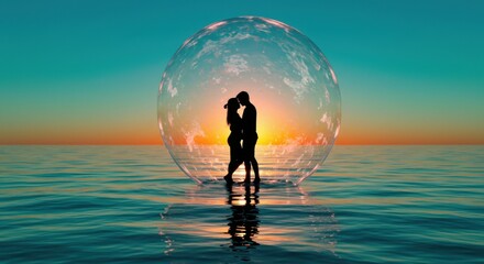 Eternal Embrace:  Silhouette of a loving couple captured within a transparent sphere floating on the tranquil sea, illuminated by a breathtaking sunset and offering a sense of peace and love. 