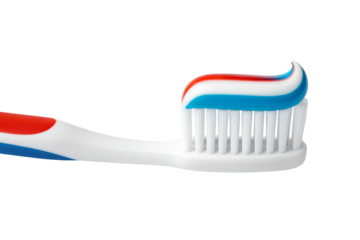White toothbrush with red blue and white striped toothpaste isolated on transparent background