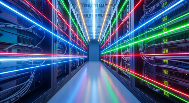 Dynamic data center corridor with vibrant neon light streams creating a futuristic network flow