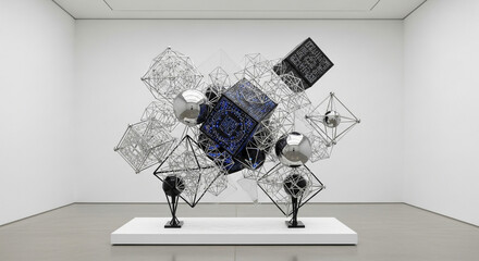 Intricate geometric sculpture with gleaming spheres and illuminated cubes in a minimalist gallery space