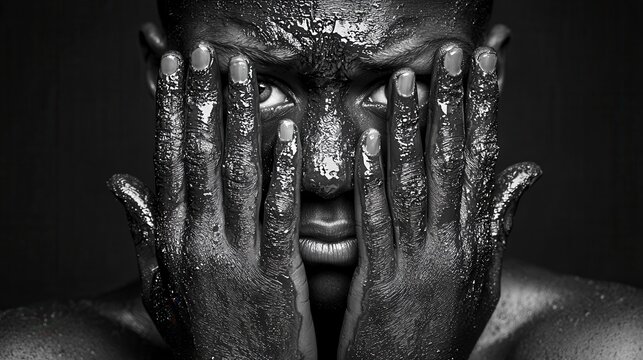 Close-up portrait of a person with glistening dark paint covering their face and hands, emphasizing expression and emotion