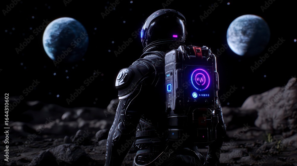 Poster astronaut gazing at distant planets in a futuristic space setting, showcasing advanced technology an