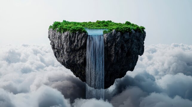 A breathtaking floating island with lush greenery and a cascading waterfall, hovering above a sea of clouds in a surreal landscape